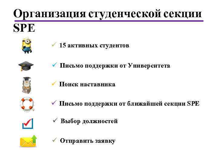 Организация студенческой секции SPE ü 15 активных студентов ü Письмо поддержки от Университета ü