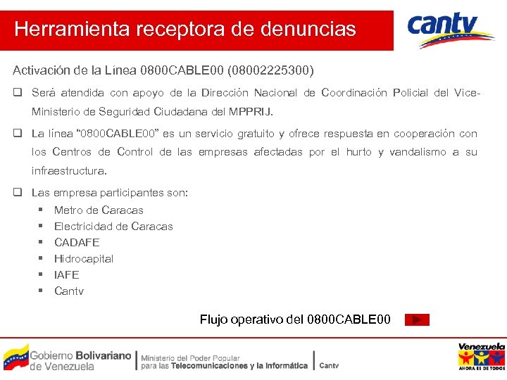 Herramienta receptora de denuncias Activación de la Línea 0800 CABLE 00 (08002225300) q Será