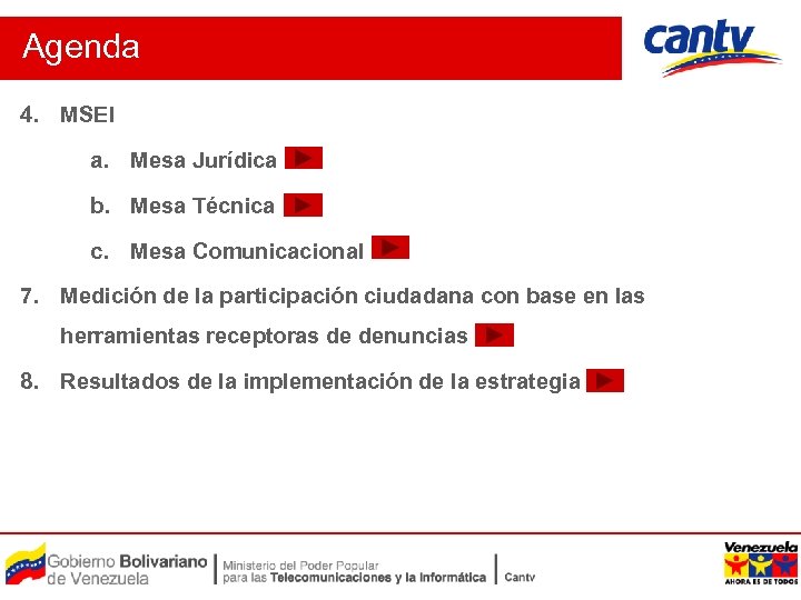 Agenda 4. MSEI a. Mesa Jurídica b. Mesa Técnica c. Mesa Comunicacional 7. Medición