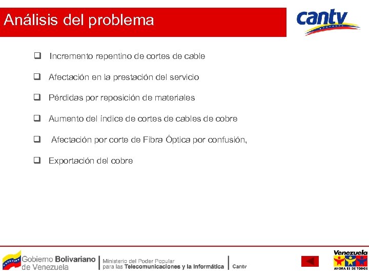 Análisis del problema q Incremento repentino de cortes de cable q Afectación en la