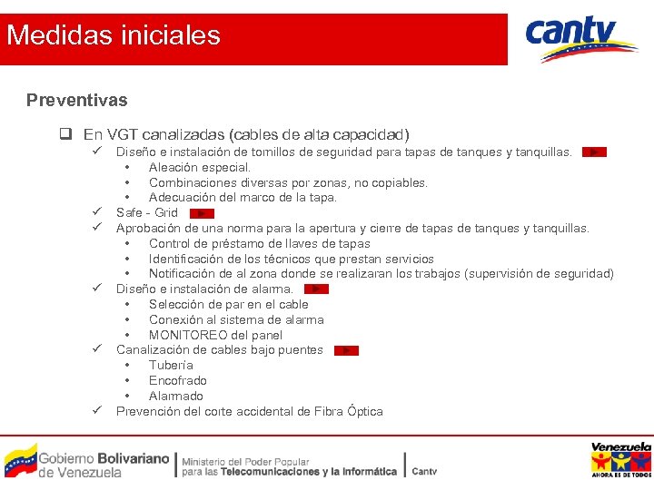 Medidas iniciales Preventivas q En VGT canalizadas (cables de alta capacidad) ü ü ü