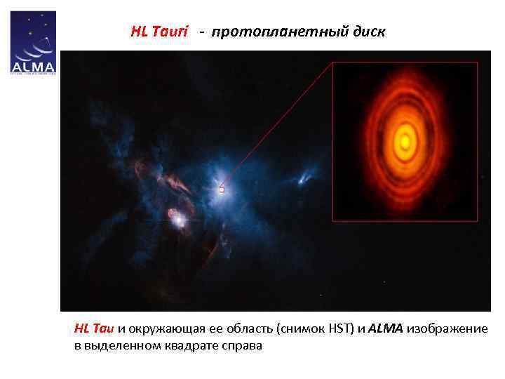 HL Tauri - протопланетный диск HL Tau и окружающая ее область (снимок HST) и
