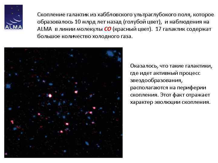 Скопление галактик из хаббловского ультраглубокого поля, которое образовалось 10 млрд лет назад (голубой цвет),