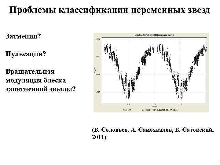 Проблемы классификации переменных звезд Затмения? Пульсации? Вращательная модуляция блеска запятненной звезды? (В. Соловьев, А.
