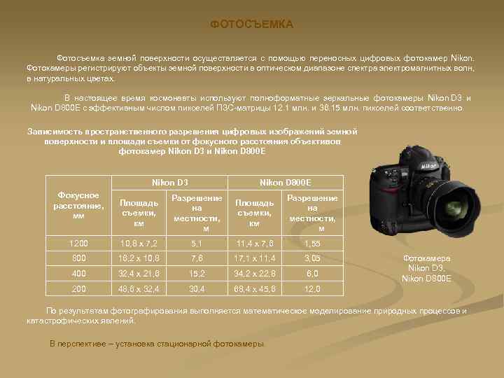 ФОТОСЪЕМКА Фотосъемка земной поверхности осуществляется с помощью переносных цифровых фотокамер Nikon. Фотокамеры регистрируют объекты