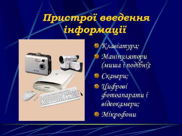 Пристрої введення інформації Клавіатура; Маніпулятори (миша і подібні); Сканери; Цифрові фотоапарати і відеокамери; Мікрофони