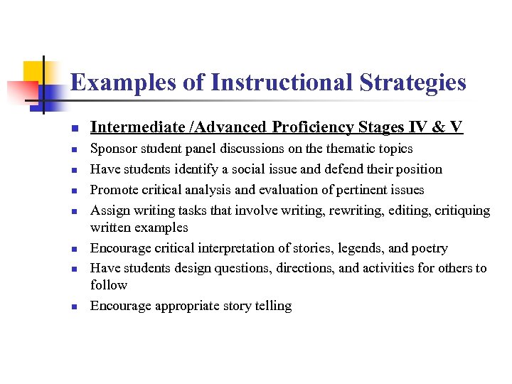 Examples of Instructional Strategies n n n n Intermediate /Advanced Proficiency Stages IV &