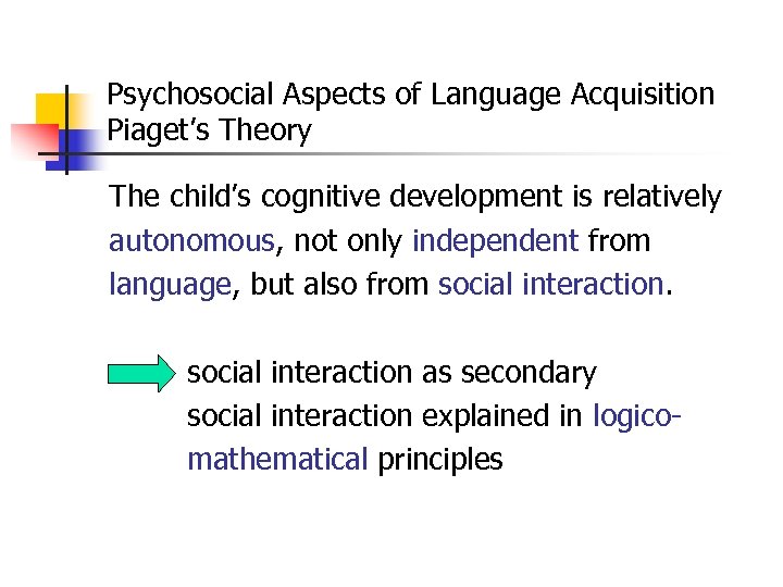 Psychosocial Aspects of Language Acquisition Piaget’s Theory The child’s cognitive development is relatively autonomous,