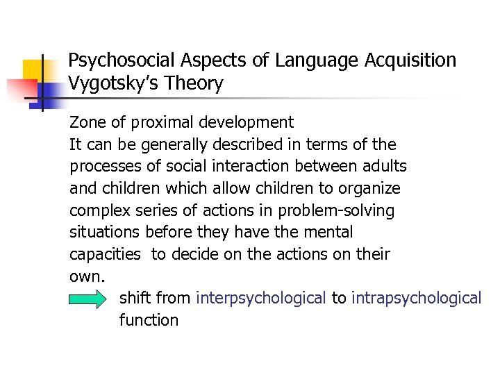 Psychosocial Aspects of Language Acquisition Vygotsky’s Theory Zone of proximal development It can be