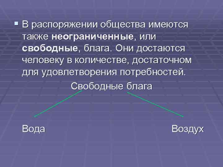 § В распоряжении общества имеются также неограниченные, или свободные, блага. Они достаются человеку в