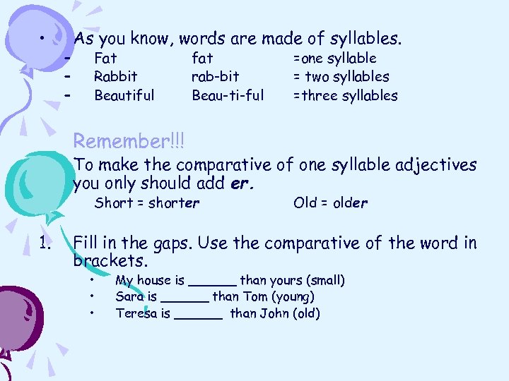  • – – – As you know, words are made of syllables. Fat