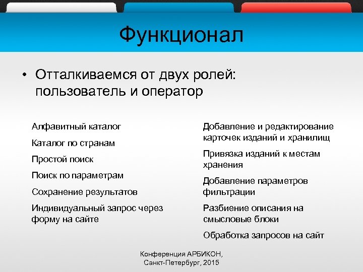 Функционал • Отталкиваемся от двух ролей: пользователь и оператор Алфавитный каталог Добавление и редактирование