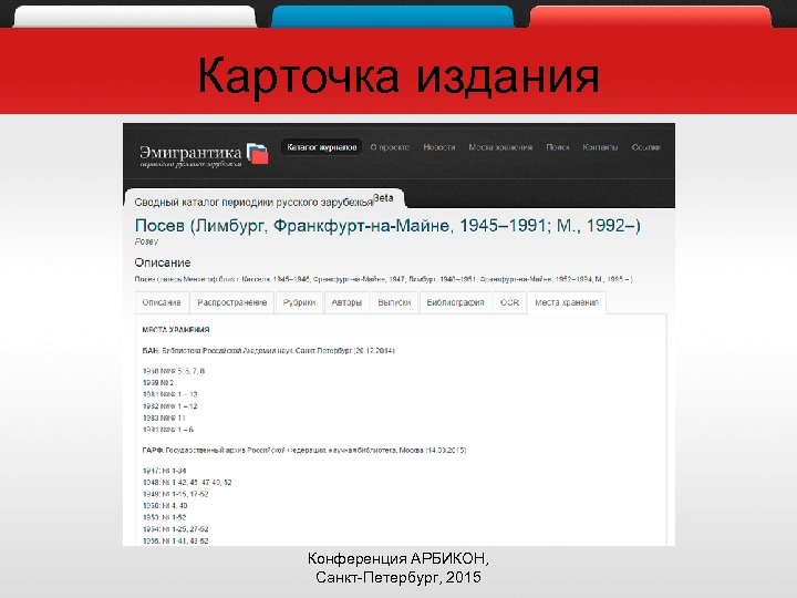 Карточка издания Конференция АРБИКОН, Санкт-Петербург, 2015 