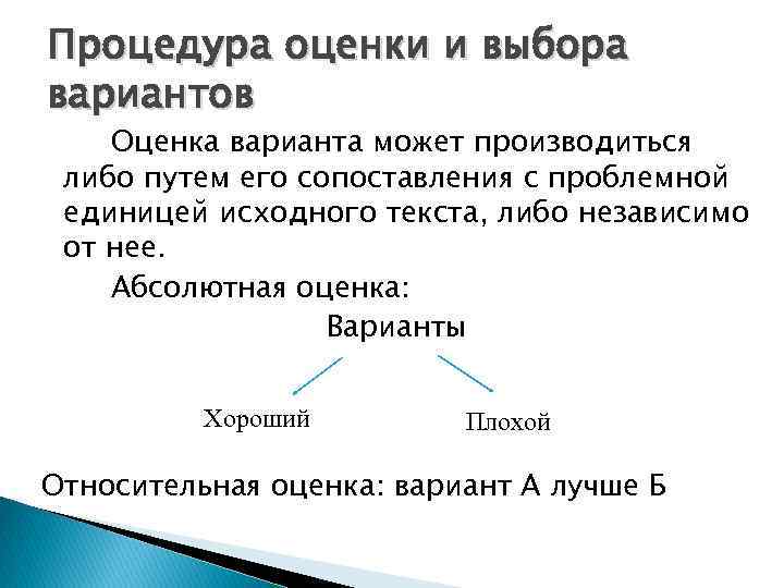 Процедура оценки и выбора вариантов Оценка варианта может производиться либо путем его сопоставления с