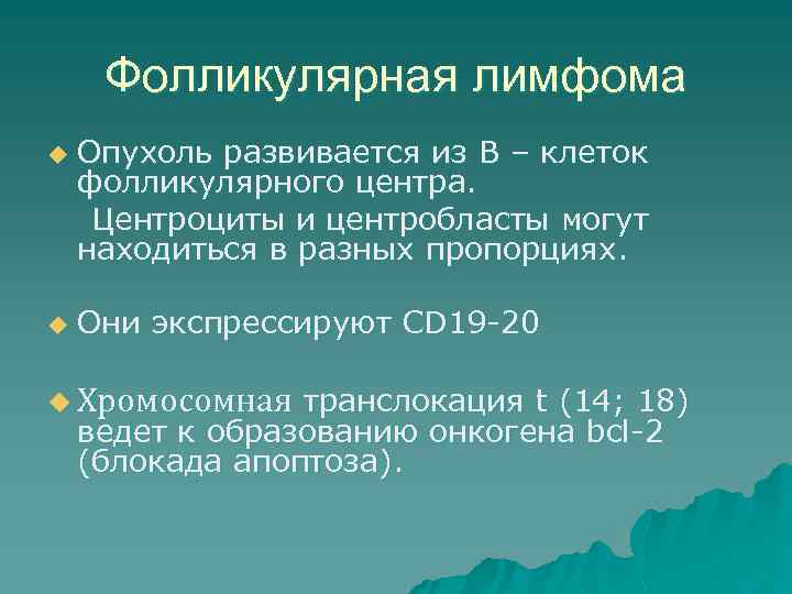 Фолликулярная лимфома u u Опухоль развивается из В – клеток фолликулярного центра. Центроциты и