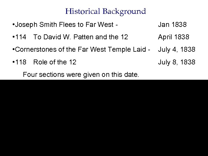 Historical Background • Joseph Smith Flees to Far West - Jan 1838 • 114