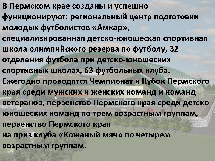 В Пермском крае созданы и успешно функционируют: региональный центр подготовки молодых футболистов «Амкар» ,