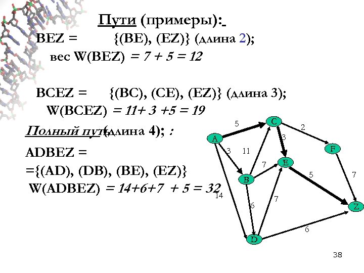 Пути (примеры): BEZ = {(BE), (EZ)} (длина 2); вес W(BEZ) = 7 + 5