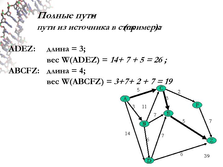 Полные пути – пути из источника в сток (примеры ): ADEZ: длина = 3;