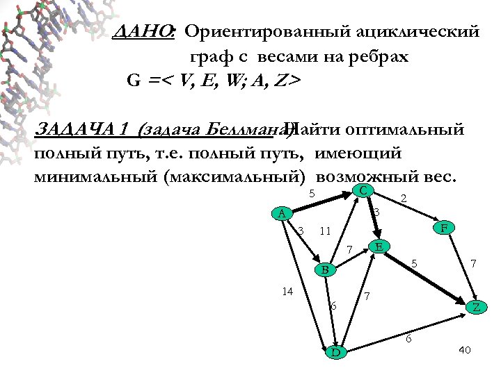 ДАНО: Ориентированный ациклический граф с весами на ребрах G =< V, E, W; A,
