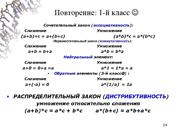 Повторение: 1 -й класс Сочетательный закон (ассоциативность): Сложение Умножение (a+b)+c = a+(b+c) (a*b)*c =