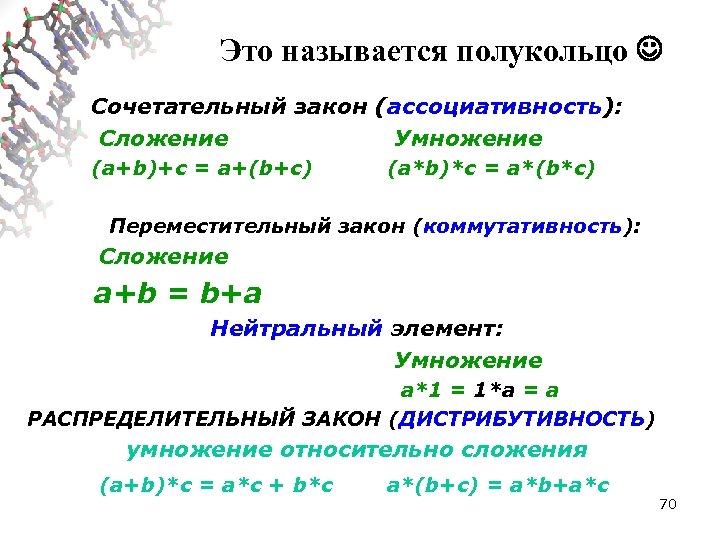 Это называется полукольцо Сочетательный закон (ассоциативность): Сложение Умножение (a+b)+c = a+(b+c) (a*b)*c = a*(b*c)