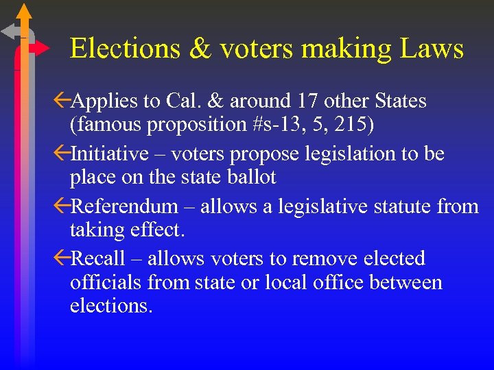 Elections & voters making Laws ßApplies to Cal. & around 17 other States (famous