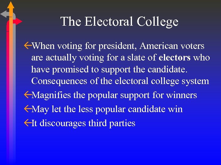 The Electoral College ßWhen voting for president, American voters are actually voting for a