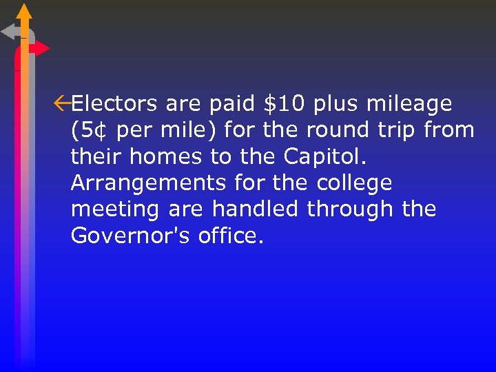 ßElectors are paid $10 plus mileage (5¢ per mile) for the round trip from