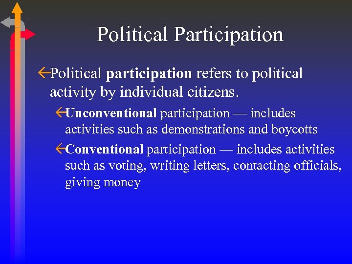 Political Participation ßPolitical participation refers to political activity by individual citizens. ßUnconventional participation —