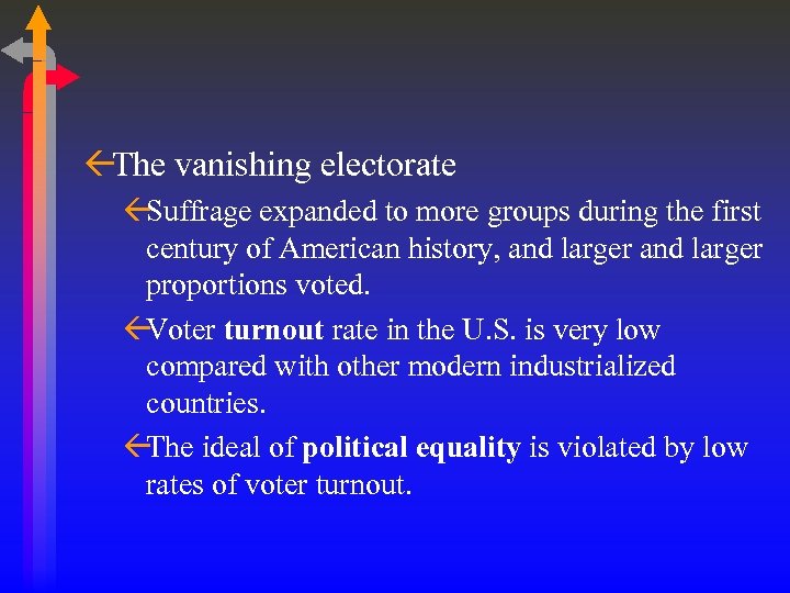 ßThe vanishing electorate ßSuffrage expanded to more groups during the first century of American