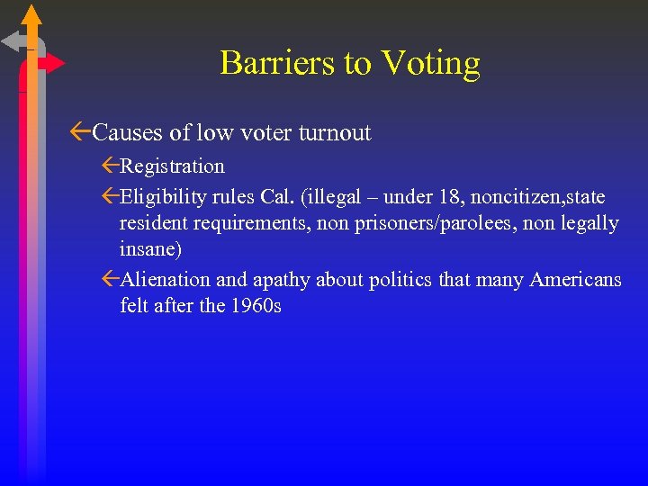 Barriers to Voting ßCauses of low voter turnout ßRegistration ßEligibility rules Cal. (illegal –