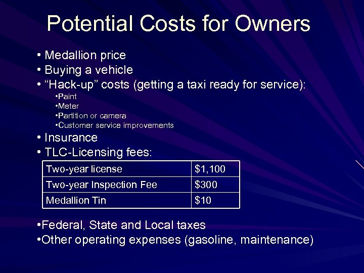 Potential Costs for Owners • Medallion price • Buying a vehicle • “Hack-up” costs