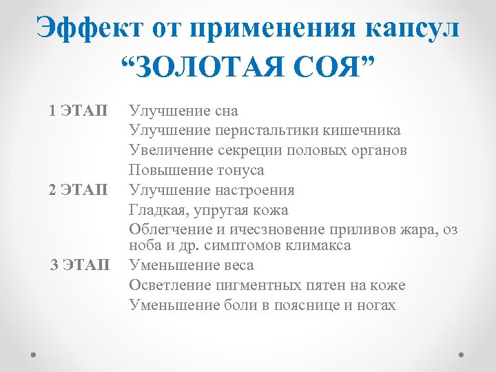 Эффект от применения капсул “ЗОЛОТАЯ СОЯ” 1 ЭТАП 2 ЭТАП 3 ЭТАП Улучшение сна