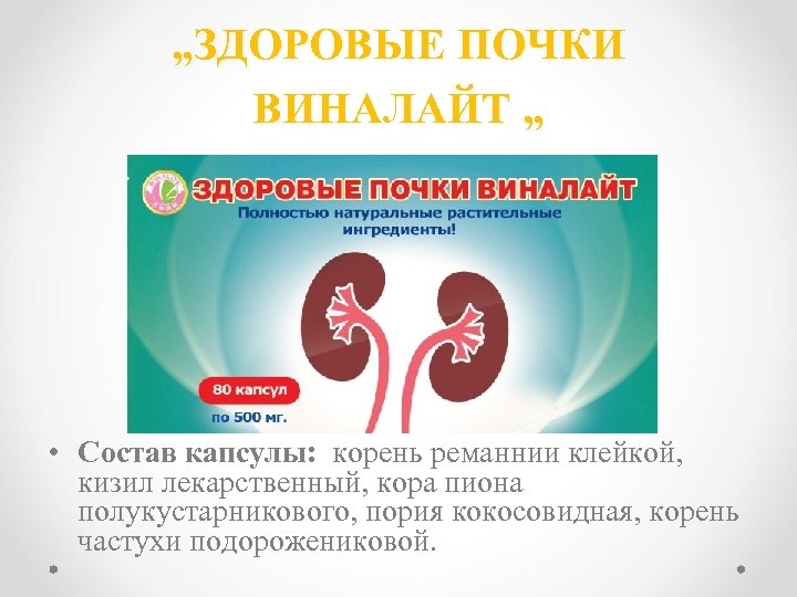 „ЗДОРОВЫЕ ПОЧКИ ВИНАЛАЙТ „ • Состав капсулы: корень реманнии клейкой, кизил лекарственный, кора пиона