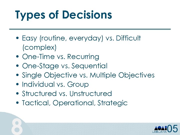 Types of Decisions • Easy (routine, everyday) vs. Difficult (complex) • One-Time vs. Recurring