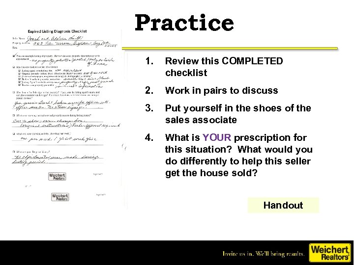 Practice 1. Review this COMPLETED checklist 2. Work in pairs to discuss 3. Put