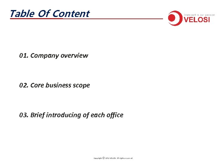 Table Of Content 01. Company overview 02. Core business scope 03. Brief introducing of