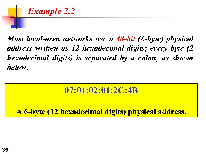 Example 2. 2 Most local-area networks use a 48 -bit (6 -byte) physical address