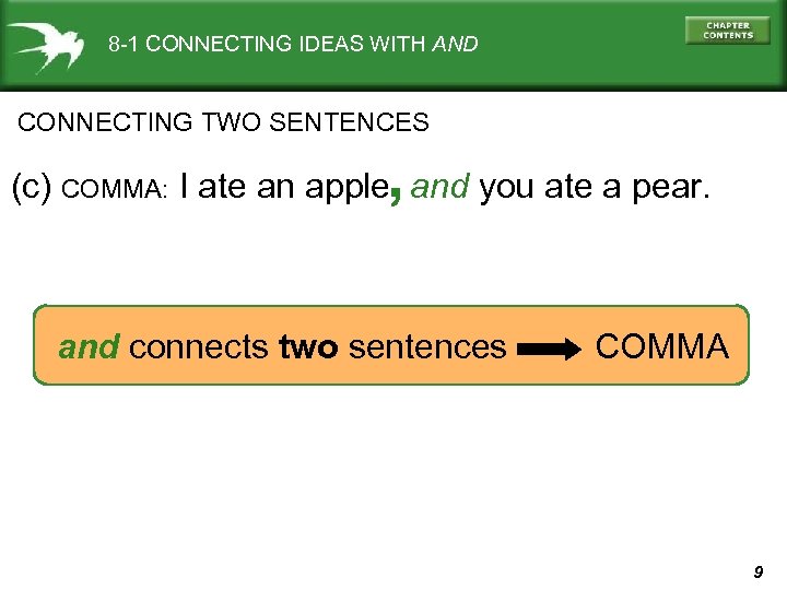 8 -1 CONNECTING IDEAS WITH AND CONNECTING TWO SENTENCES , (c) COMMA: I ate