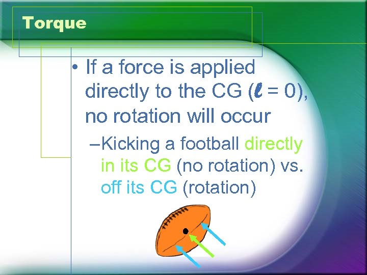 Torque • If a force is applied directly to the CG (l = 0),