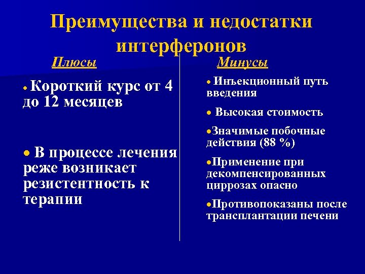 Преимущества и недостатки интерферонов Плюсы Короткий курс от 4 до 12 месяцев · ·