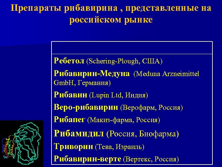 Препараты рибавирина , представленные на российском рынке Ребетол (Schering-Plough, США) Рибавирин-Медуна (Meduna Arzneimittel Gmb.