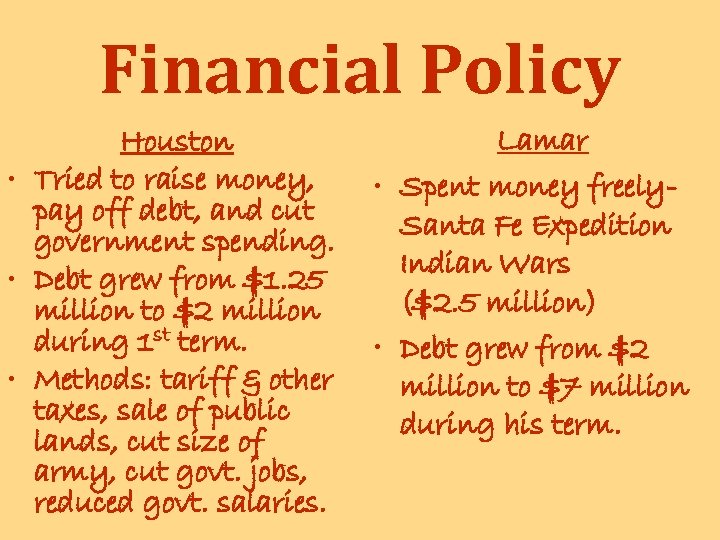 Financial Policy Houston • Tried to raise money, pay off debt, and cut government