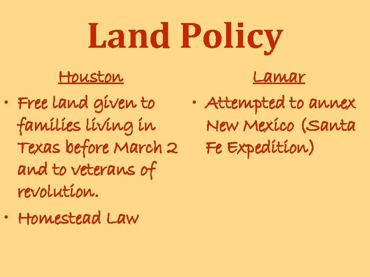 Land Policy Houston Lamar • Free land given to • Attempted to annex families