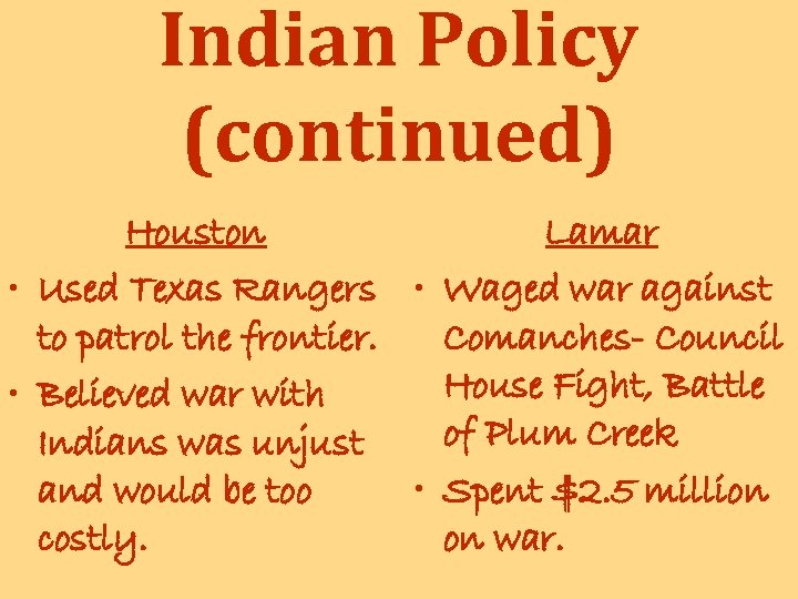 Indian Policy (continued) Houston Lamar • Used Texas Rangers • Waged war against to