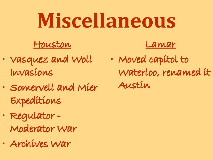 Miscellaneous • • Houston Vasquez and Woll Invasions Somervell and Mier Expeditions Regulator Moderator