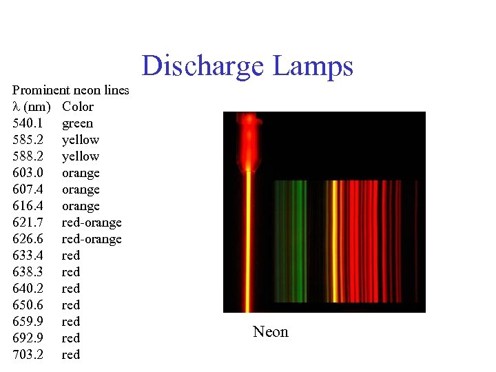 Discharge Lamps Prominent neon lines (nm) Color 540. 1 green 585. 2 yellow 588.