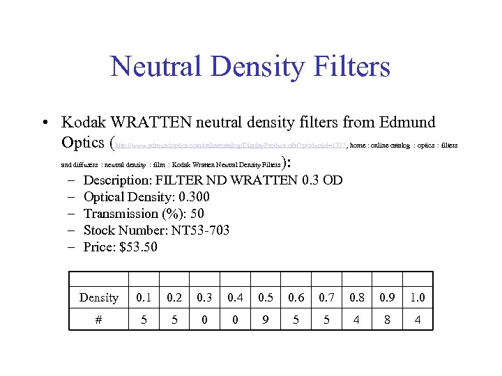 Neutral Density Filters • Kodak WRATTEN neutral density filters from Edmund Optics (http: //www.