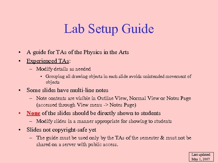 Lab Setup Guide • A guide for TAs of the Physics in the Arts
